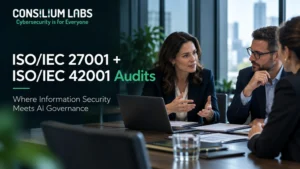Consilium Labs graphic illustrating ISO/IEC 27001 and ISO/IEC 42001 audits, showing the intersection of information security, AI governance, ISMS, AIMS, and coordinated certification.